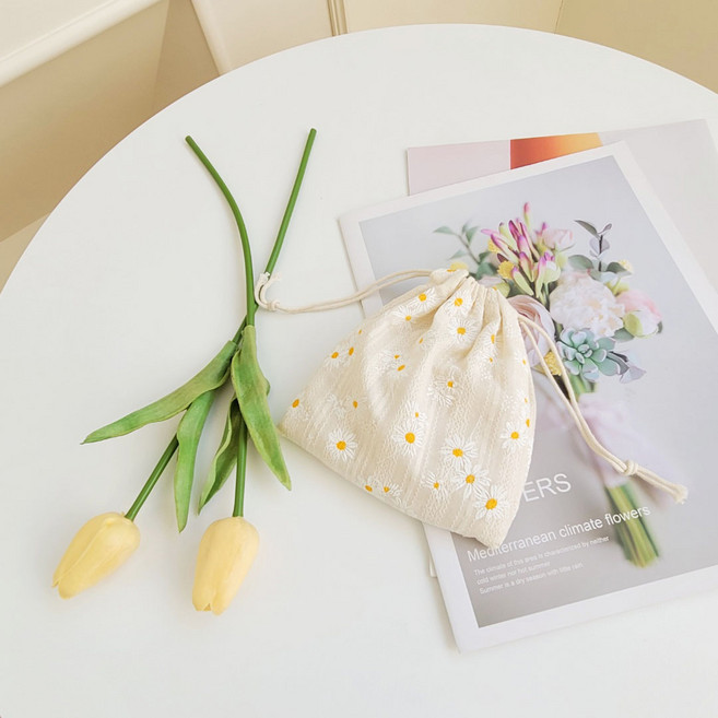 데이지 플라워 면 파우치 스트링 복조리 복주머니