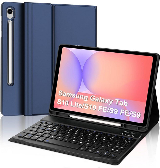 BORIYUAN 삼성 갤럭시 탭 S10 FE+ 플러스 13.2인치 2025용 키보드 케이스 S-펜 홀더가 있는 자석 보호 커버 탈착식 무선 블루투스 키보드, 네이비, 백라이트 없음