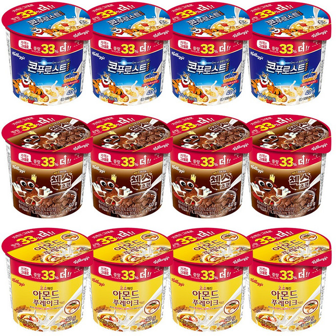 켈로그 컵 시리얼 4+4+4 골라담기/미니시리얼 30g 증정, 첵스컵 30g x 4개, 콘푸로스트컵 30g x 4개, 아몬드컵 30g x 4개