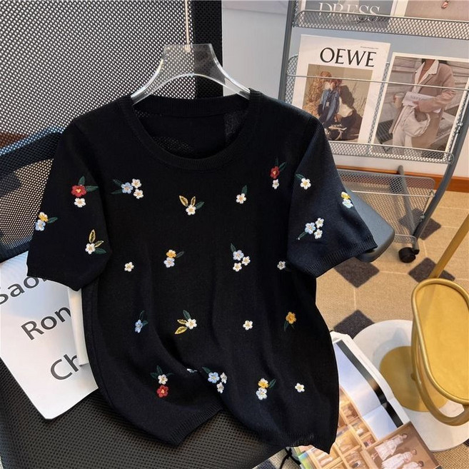 Neirny 여성 빅사이즈 라운드넥 니트 반팔티 봄가을 간절기 스판 심플 기질 루즈핏 데일리 아우터 상의