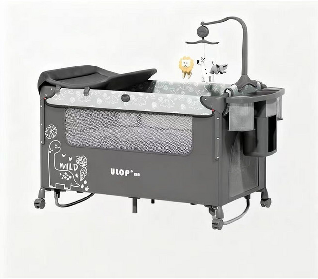 ULOP嬰兒搖床雙層萬向輪搖擺款 附豪華置物架、宮廷式蚊帳、護脊床墊, 線條恐龍
