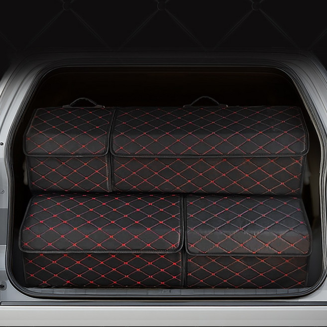 애플민트 다용도 자동차 차량용 트렁크 접이식 손잡이 수납 정리함, 블랙+레드퀼팅