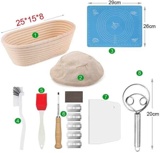 누본 5/8pcs 빵 Banneton 교정 바구니 천연 등나무 고리 버들 타원형 라운드 반죽 사워 도우 베이킹 발효, Ship in 24 hours, 25x15x8 8pcs