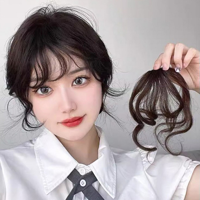 1+1 S컬 웨이브 앞머리 가발 헤어피스 베이비펌 부분가발 펌 시스루뱅 붙임머리 곱슬, 1개, 블랙+내추럴브라운