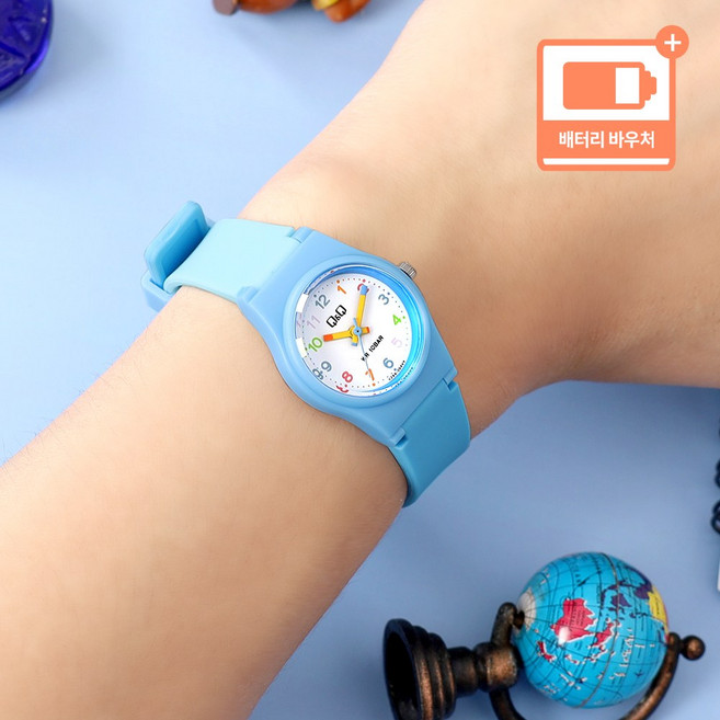큐앤큐 컬러풀 문자판 투블럭 100미터 방수 컬러 어린이 아동 학습용시계 + 배터리 바우처