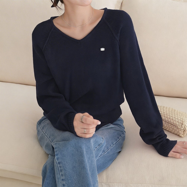 데일리앤 메리 여리핏 브이넥 나그랑 세미 크롭 봄 여성 긴팔 니트 티셔츠