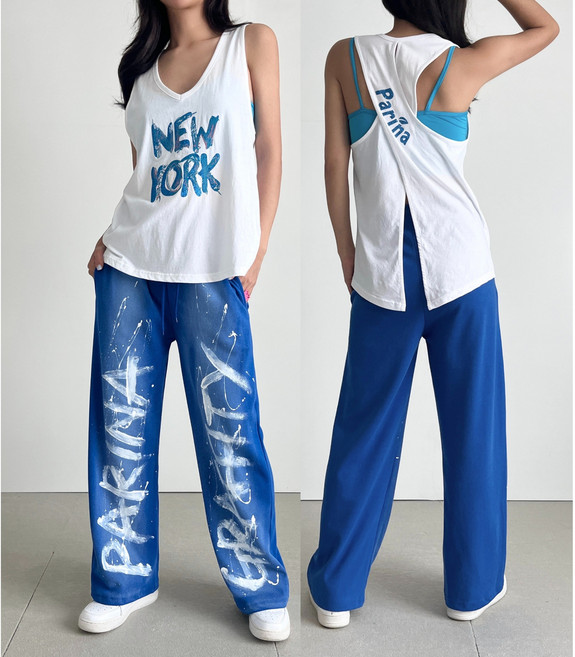 패리나제작 블링블링글리터앞뒤로고엑스나시티+핸드프린팅그래피티로고바지 상하세트 단체복 무대복 공연복 방송댄스복 줌바댄스복 에어로빅복 워터밤 흠뻑쇼 휴가룩 바탕스룩 여행룩