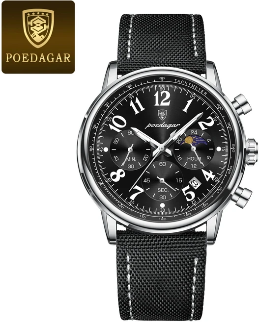 POEDAGAR 남자를위한 럭셔리 밀리터리 스포츠 시계 방수 빛나는 크로노 그래프 날짜 석영 나일론 가죽, 09 808 Silver Black