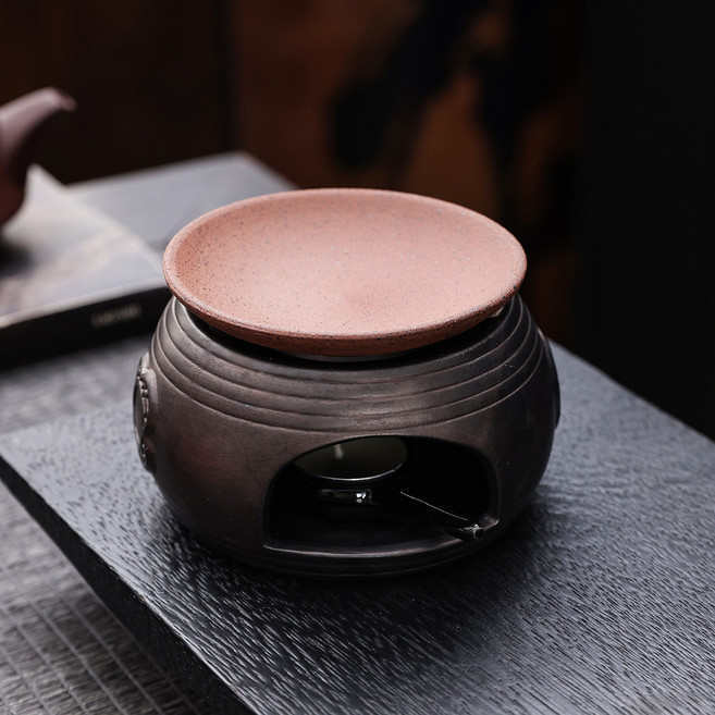 復古粗陶烤茶爐 隔火加熱器 侘寂風茶器 可乾燒香粉/精油/蠟燭 旅行便攜薰香爐, 圓融乾燒香薰爐-古典黑+乾燒碟, 1個