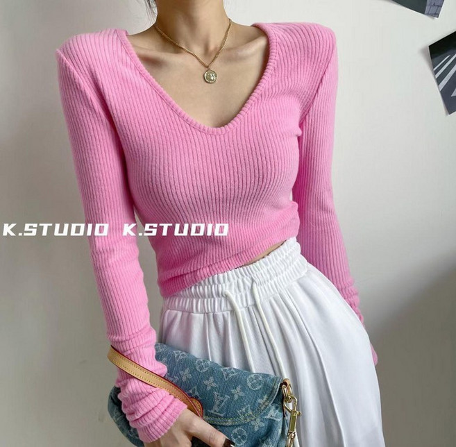 여성 긴팔 티셔츠 어깨패드 캐주얼 라운드넥 숄더 슬림핏