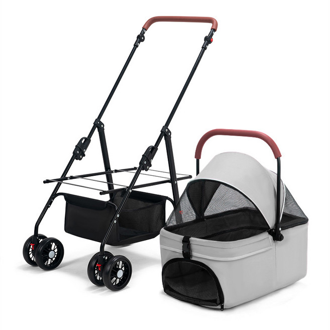 MBH 강아지 반려동물 대형 유모차 탈부착 접이식 분리형 고양이 유모차 YHY, 그레이, 1개