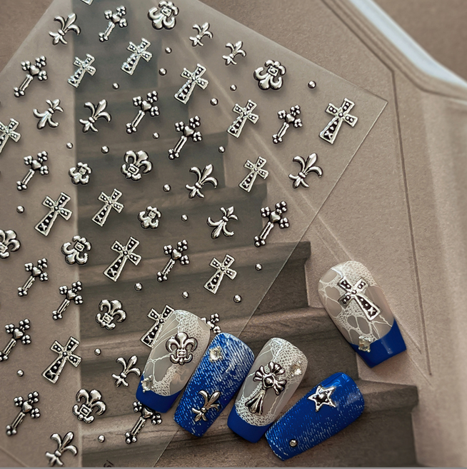 총총마켓 고퀄리티 네일 아트 스티커 고스 펑크 십자가 빈티지 명품 스타일, 1개, 실버 크롬 크로스