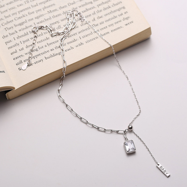 ZN183ft 사각 크리스탈 큐빅 길이 조절 드롭 목걸이 언발 슬림 여리 스퀘어 스틱바