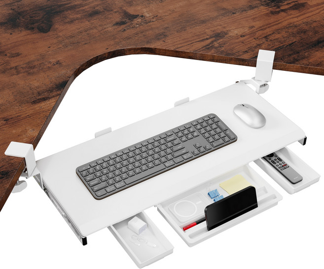 ETHU 키보드 트레이 슬라이딩 책상 연장 키보드 거치대 무타공 수납서랍 3개가 있음 확장테이블, White회전가능, 1개