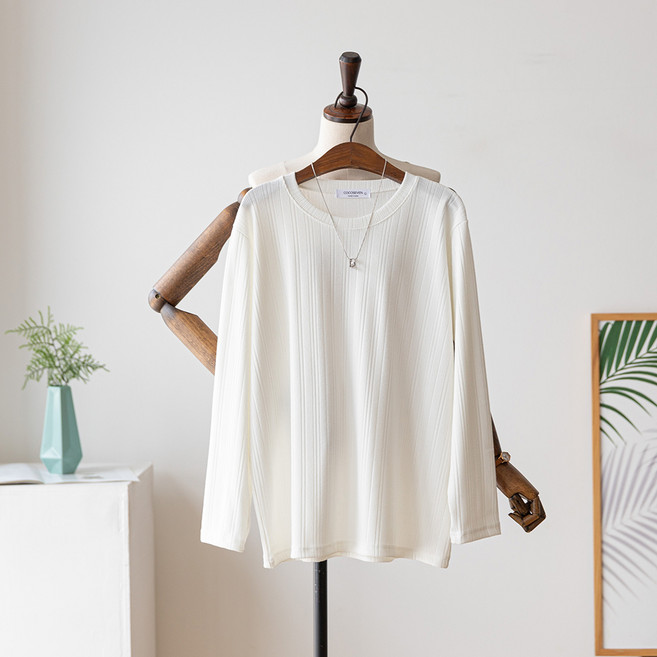 코코세븐 여성 빅사이즈 불규칙 골지 스판 라운드 긴팔 티셔츠