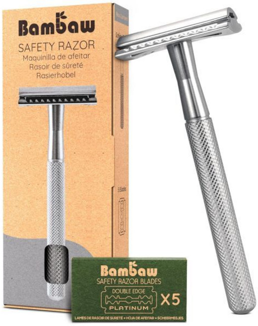 남성용 밤보 더블 엣지 안전 면도기 면도날 5개 포함 금속 u2013 실버, Silver Razor, 1개