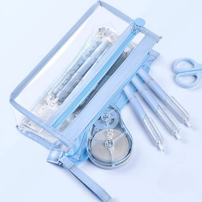 위즈플러스샵 투명포켓 대용량 필통 파우치, 1개, 블루