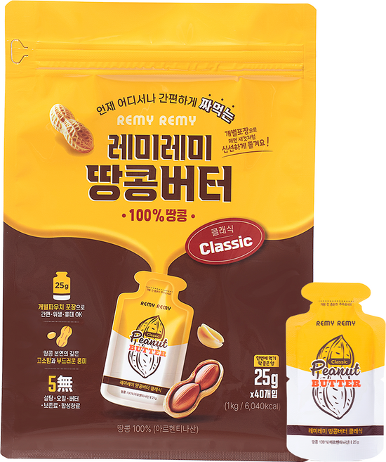 레미레미 짜먹는 땅콩버터 100% 클래식 (대용량 - 25g x 40p ), 1개, 1kg