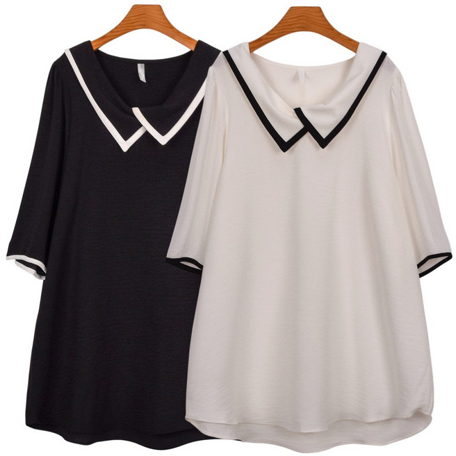 마마걸 W배색카라BL 빅사이즈블라우스 중년여성 큰사이즈 빅사이즈오피스룩 오버핏 50대여성의류 마담의류 반팔블라우스 큰사이즈