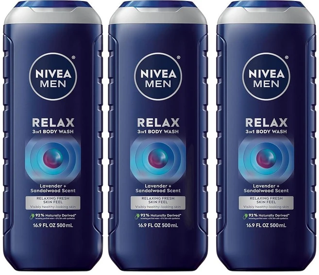 NIVEA Men Relax 남성용 바디 페이스 헤어 워시 3-in-1 라벤더 및 샌들우드 향 500ml 3개, 니베아 맨 릴렉스 바디 워시 라벤더 및 샌들우드 향 5 - 쿠팡