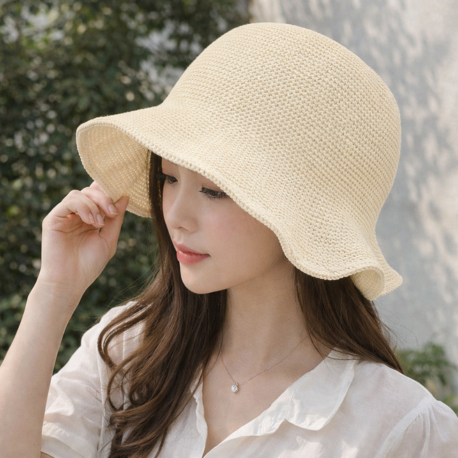 여성 버킷햇 자외선차단 넓은챙 얇은 여름용 포니테일 가능 야외 나들이용