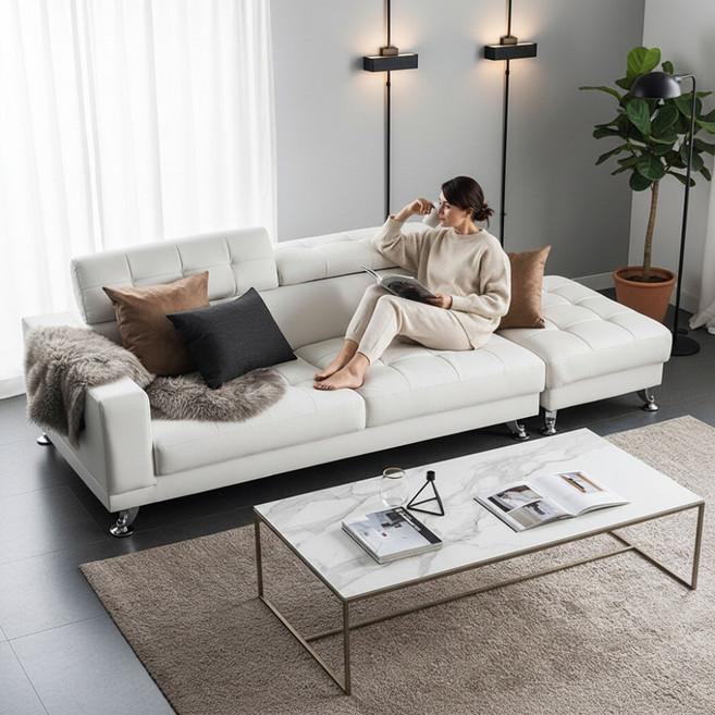 자네트 로미노 3인용 가죽쇼파 스툴포함, 화이트