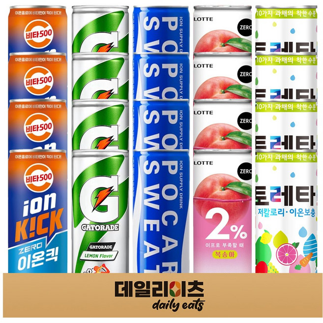 [데일리이츠] 스포츠 이온음료 소캔 5종류 4캔씩 20캔 (이프로제로 포카레스웨트 게토레이레몬 토레타 비타500제로이온킥), 1박스, 240ml