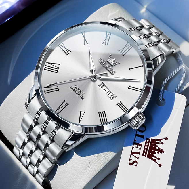 OLEVS 남자손목시계 정품 쿼츠 럭셔리 명품 워터프루프 야광 메탈시계