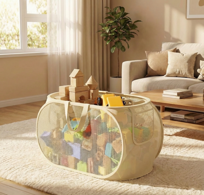 비바디초 통기성 메쉬 장난감 정리함 접이식 수납바구니, 1개, 베이지