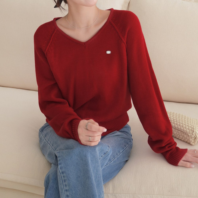 데일리앤 메리 여리핏 브이넥 나그랑 세미 크롭 봄 여성 긴팔 니트 티셔츠