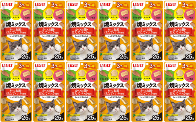 이나바 고양이 야끼믹스 간식, 혼합맛(가다랑어포/조개/오징어), 25g, 12개