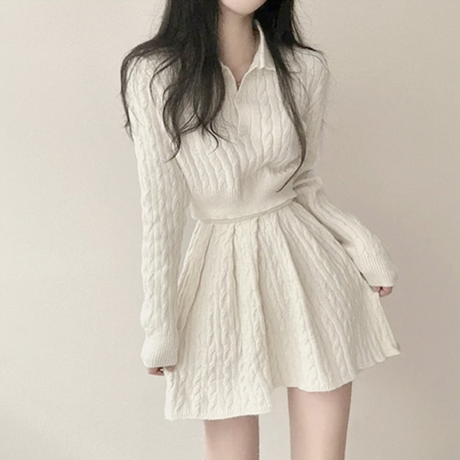 라라홀리 러블리 니트 투피스 꽈배기 폴로넥 숏 니트 플레어 스커트