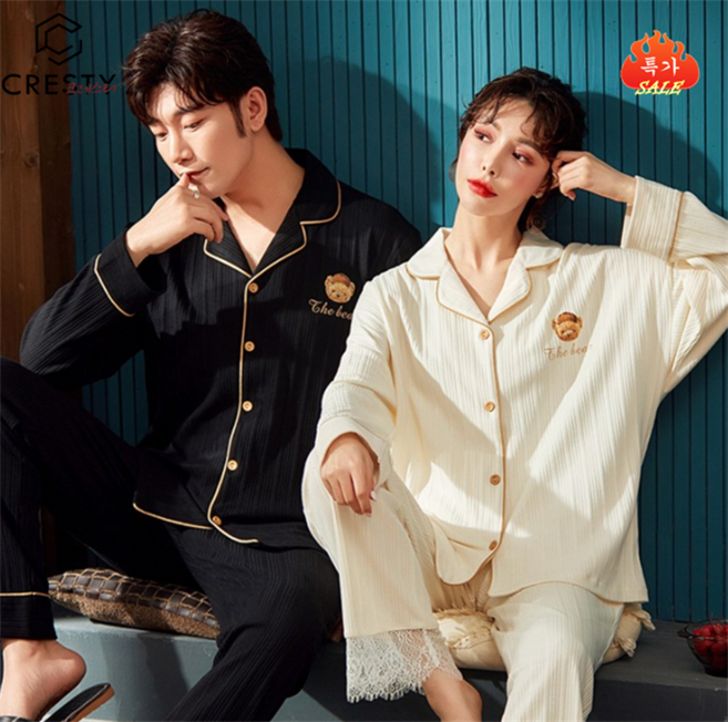 크레스티 긴팔 루즈핏 커플 수면 잠옷 남녀공용 프린팅 카라 파자마 세트