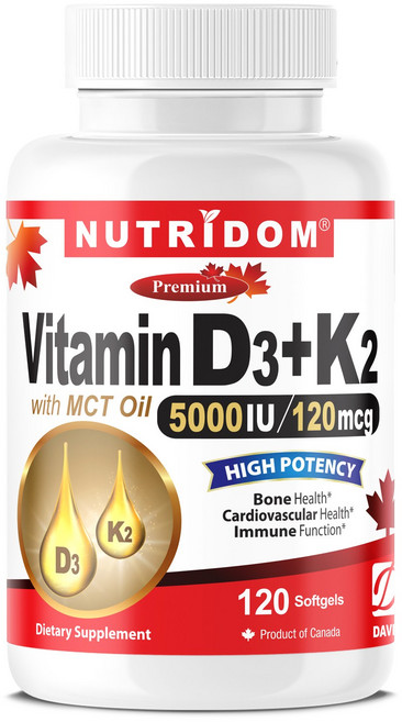뉴트리돔 최고함량 비타민 D3 5000IU + K2 120mcg MCT오일 함유 소프트젤 캐나다 직구, 1개, 120정