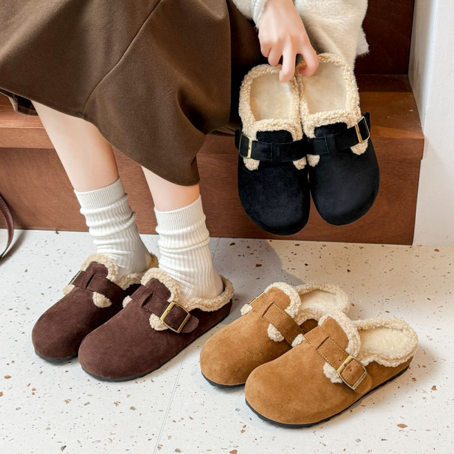 슈레나 여성용 보스턴 버클 양털 블로퍼 스웨이드 외출용 겨울 슬리퍼
