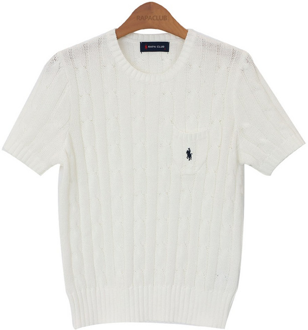 라파클럽 여성 포켓 케이블 꽈배기 면 100% 반팔 여름 니트 스웨터