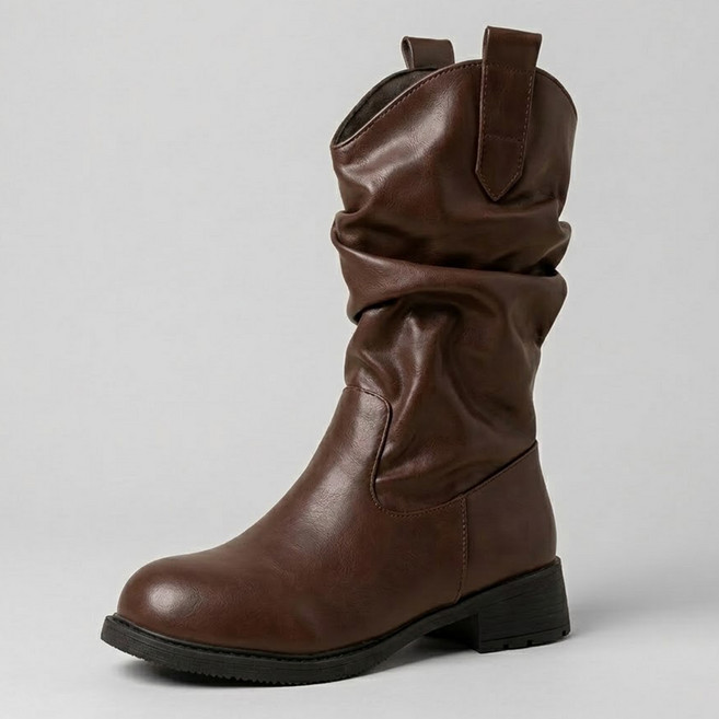 타니즈 레덤 주름 웨스턴 미들부츠 힐 3.5cm