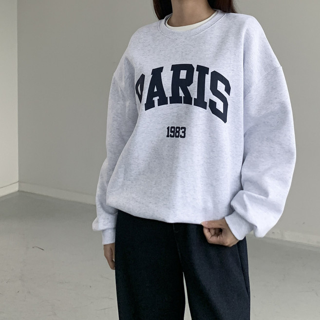 [행복여] 볼드 파리 레터링 루즈핏 기모 맨투맨 티셔츠