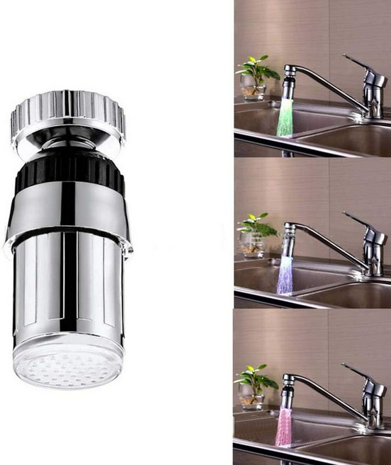 3가지 색상 LED 수도꼭지 조명 온도 센서 변경 에어레이터 롱 타입 360도 회전식 주방 욕실 2PCS