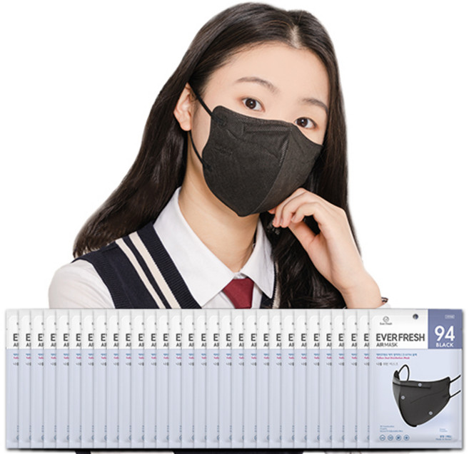 KF94 중형 에버프레쉬 에어 마스크 얇고 가벼운 쾌적한 새부리형 블랙, 1매입, 50개