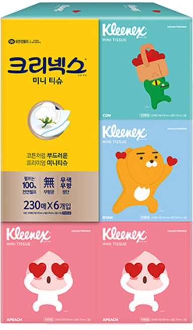 [코리아스퀘어] 크리넥스 카카오프렌즈 정사각 디럭스 미니티슈 230매x6입 각티슈, 230개