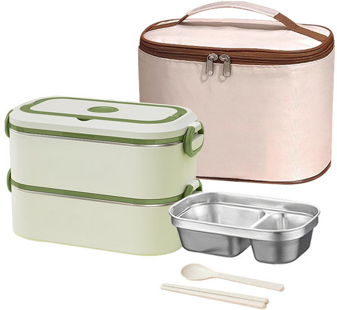 한연솔 2단 3단 스텐 보온도시락통 전자레인지 적용 수저세트 휴대용보온백 포함 학생 직장인 런치박스 수능 보온도시락, 2단 그린, 1개