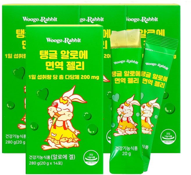 우고래빗 탱글 알로에 겔 이뮨 면역 젤리 스틱, 280g, 4개