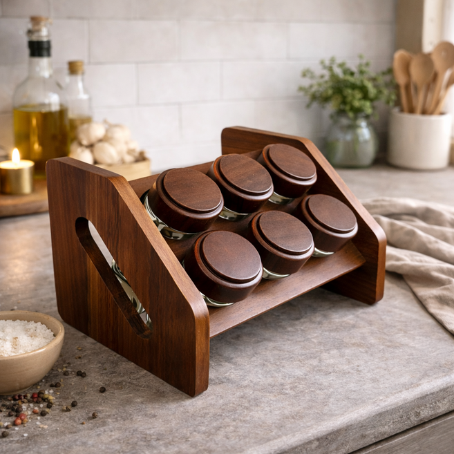 씨스앤홈 빈티지 감성 고무나무 원목 소스통 6구 세트 유리 조미료통 양념통6개 받침대1개 1세트, 양념병6개+받침대1개