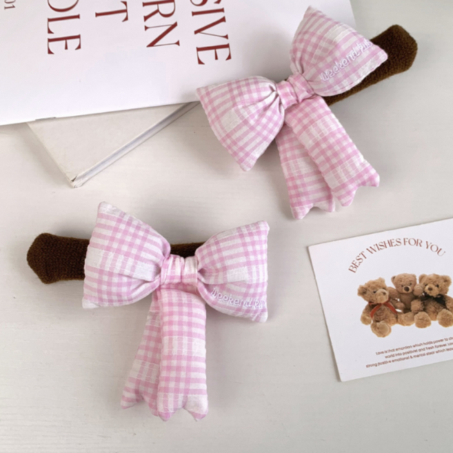 로로먼트 체크 리본 문고리 커버 도톰한 쿠션형 아이 머리 충격 보호 벽면보호 측간소음 방지 층간소음, 핑크