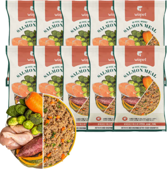 와즈펫 식자재 100% 프리미엄 화식사료_고품질 생육 90%(기호성/뼈) 국내산채소(소화/체중) 필수영양제(피부/노화개선), 100g, 10개, 연어