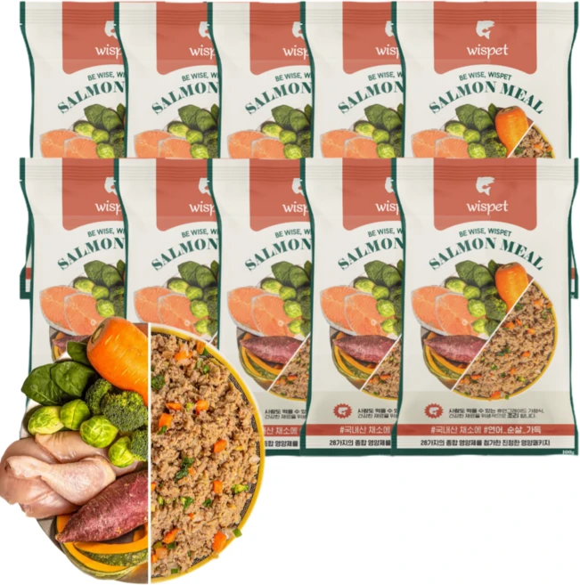 와즈펫 식자재 100% 프리미엄 화식사료_고품질 생육 90%(기호성/뼈) 국내산채소(소화/체중) 필수영양제(피부/노화개선), 100g, 10개, 연어 - 쿠팡