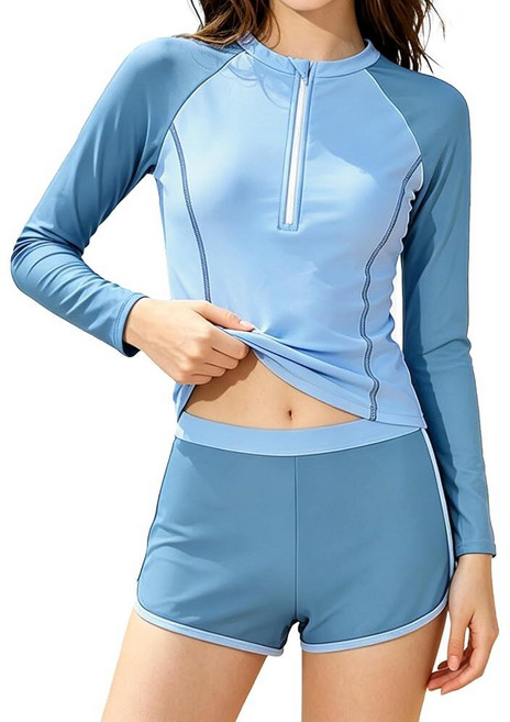 Jrbybazy Girls Rash Guard Swimsuit 2 Piece Half-Zip Long Sleeve Bathing Suit with Shorts Color Blo, Haze Blue