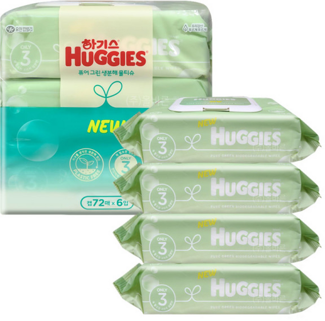 하기스 퓨어그린 생분해 물티슈 캡형, 1, 72매