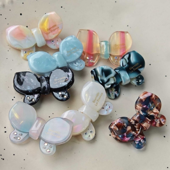 라키샵 프랑스 미니 마블 자개 리본 나비 헤어 집게핀 앞머리핀 옆머리핀 포인트 프렌치 삔